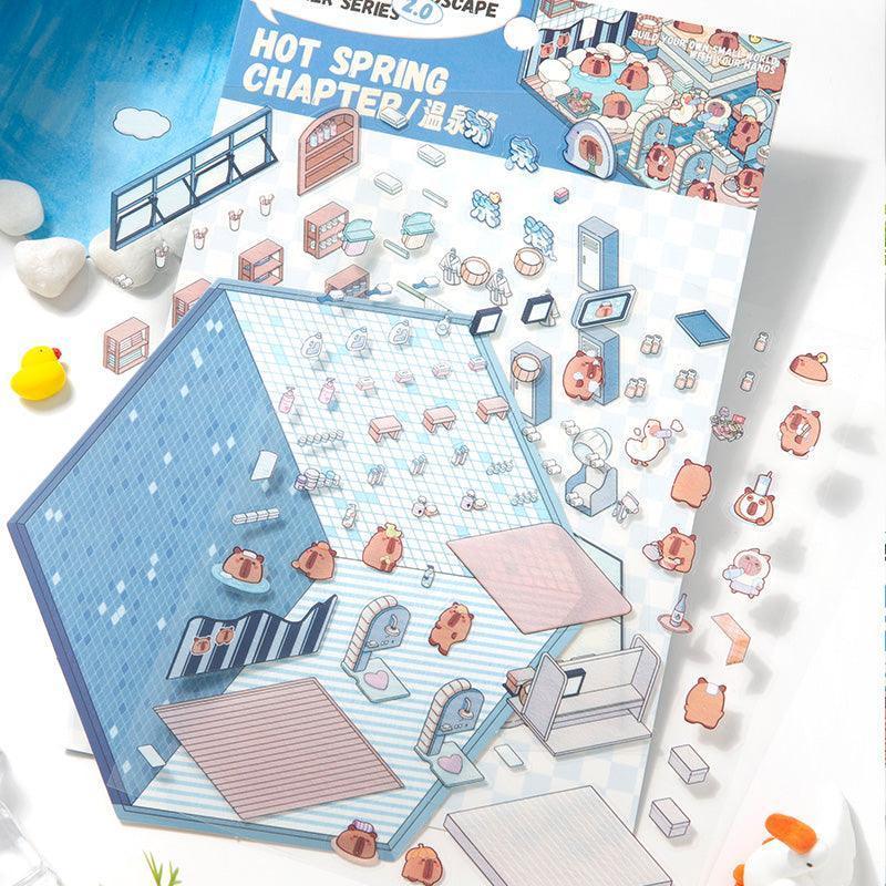 Hot Spring Chapter scene sticker set with cute isometric bathhouse elements and tiny animal characters
