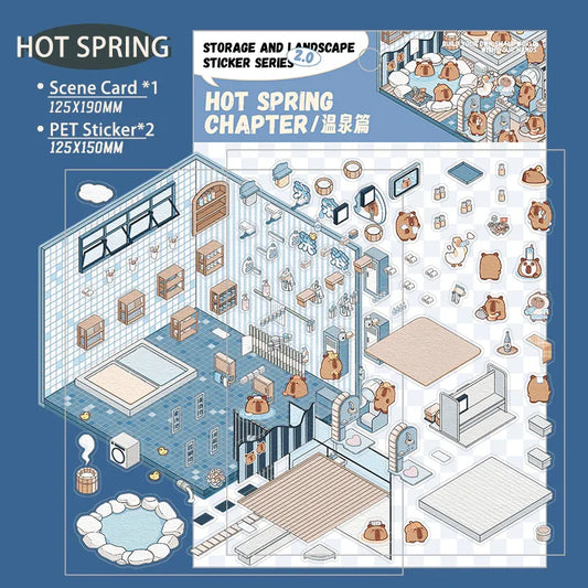 Hot Spring scene sticker set with isometric bathhouse, pet stickers, and 3D decor elements for tiny world crafting