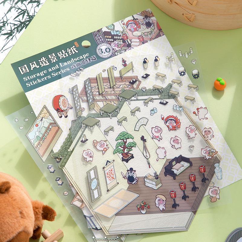 Isometric scene sticker set with cute characters, tables, and decor for creating 3D room scenes
