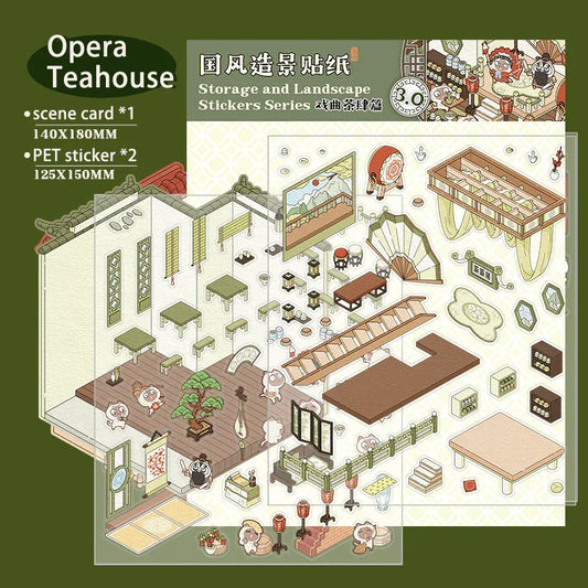 Opera Teahouse scene sticker set with isometric 3D elements for DIY tiny worlds