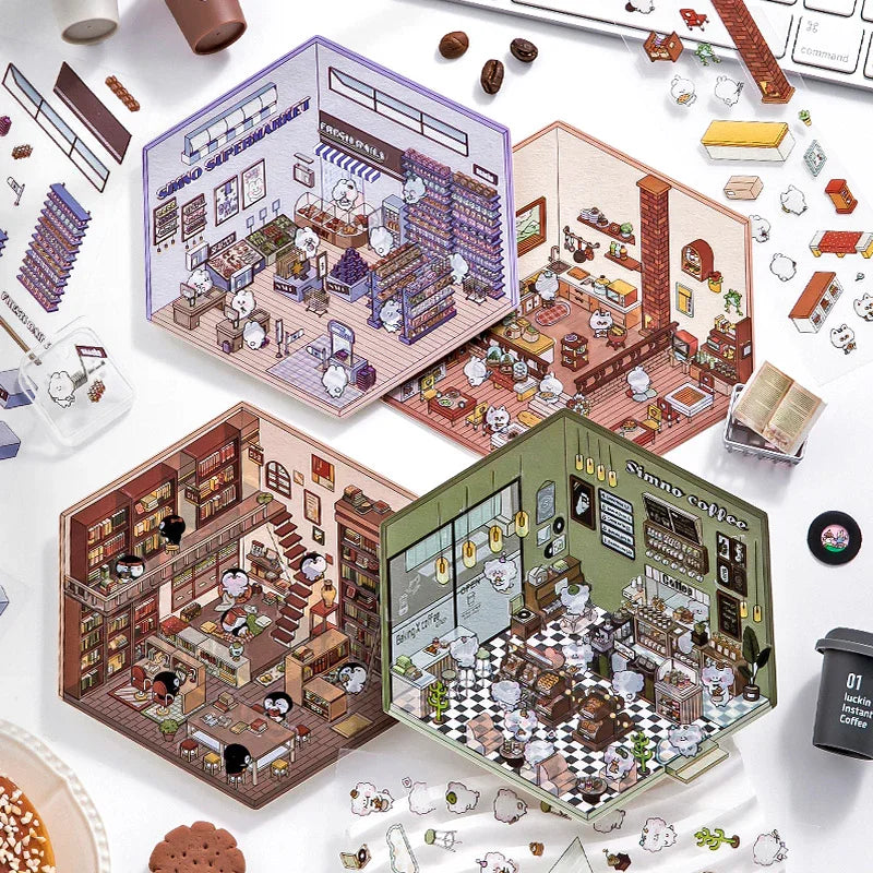 Isometric scene sticker sets featuring cozy supermarket, café, and bookstore dioramas with cute characters