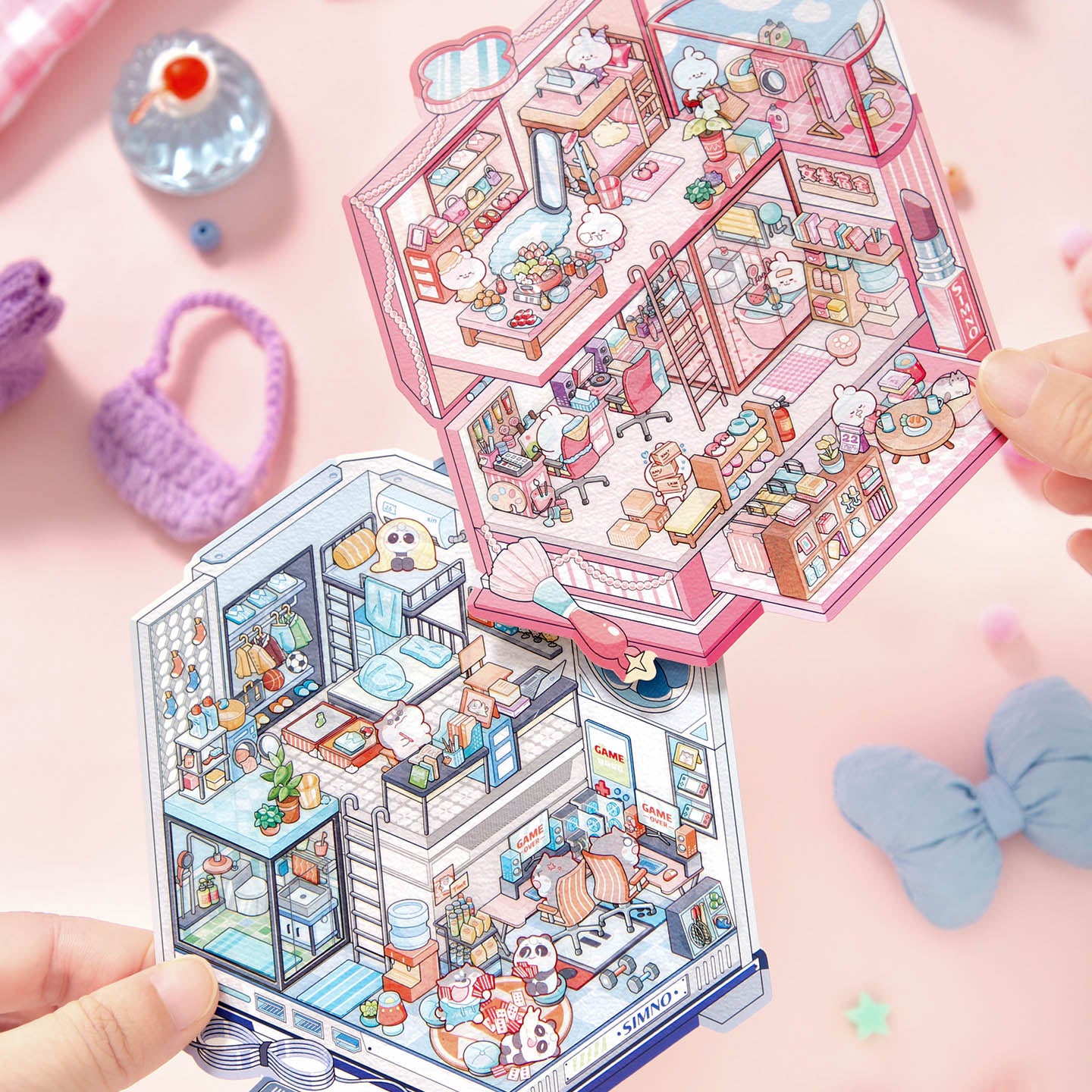 [Pink Dormitory] Isometric Miniature Scene Stickers - Cozy Sticker Room