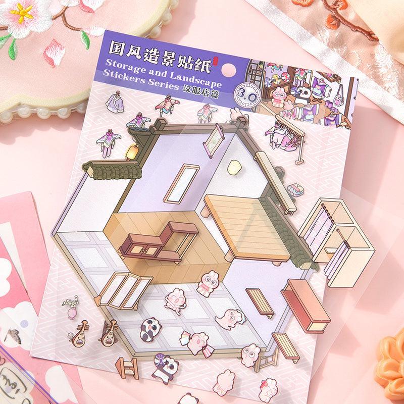 [Hanfu Shop] Isometric Miniature Scene Stickers - Cozy Sticker Room