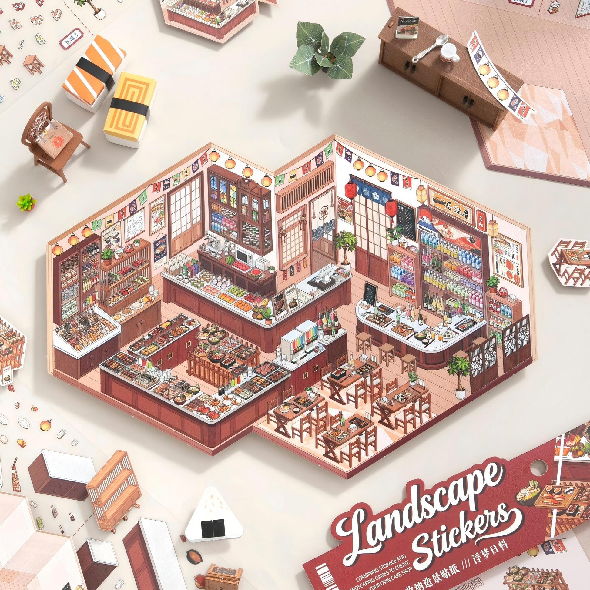 Model of a restaurant interior with miniature furniture and decor, surrounded by additional stickers.