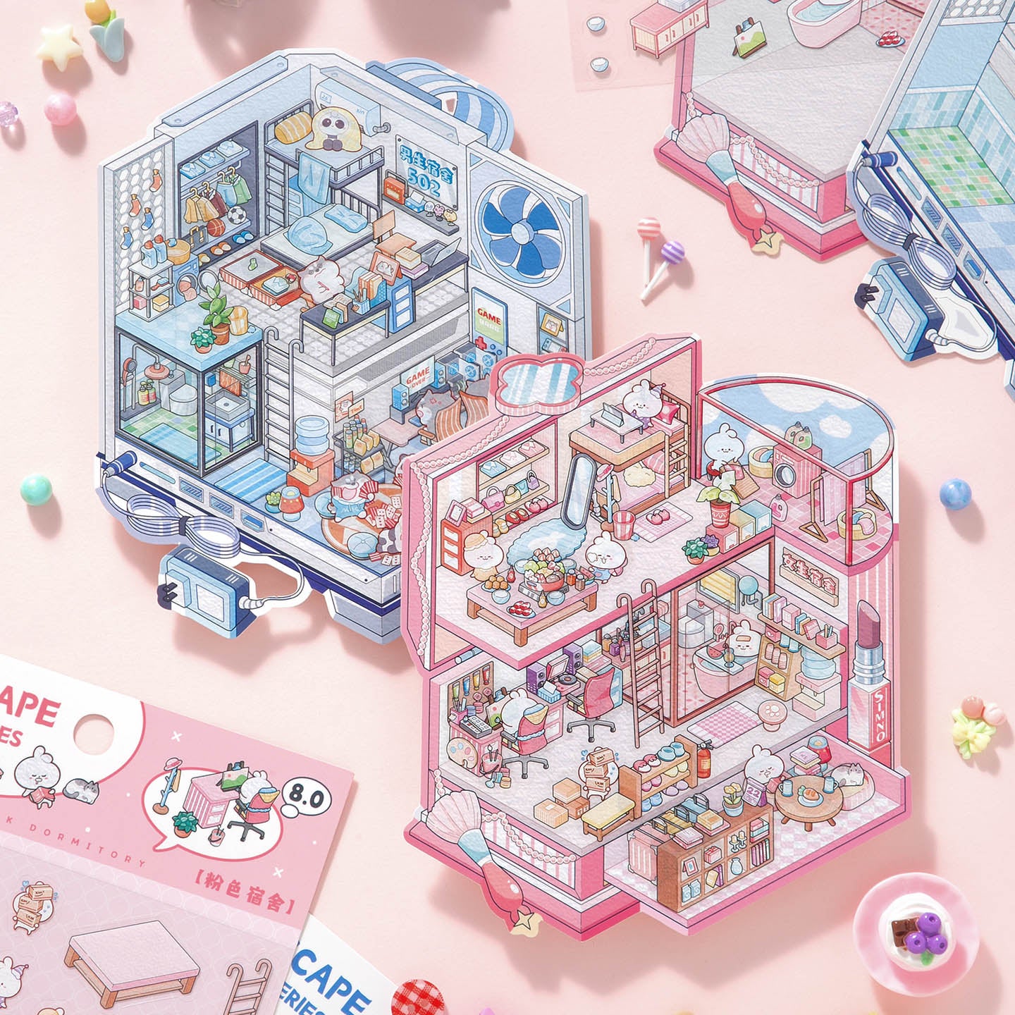 [Pink Dormitory] Isometric Miniature Scene Stickers - Cozy Sticker Room