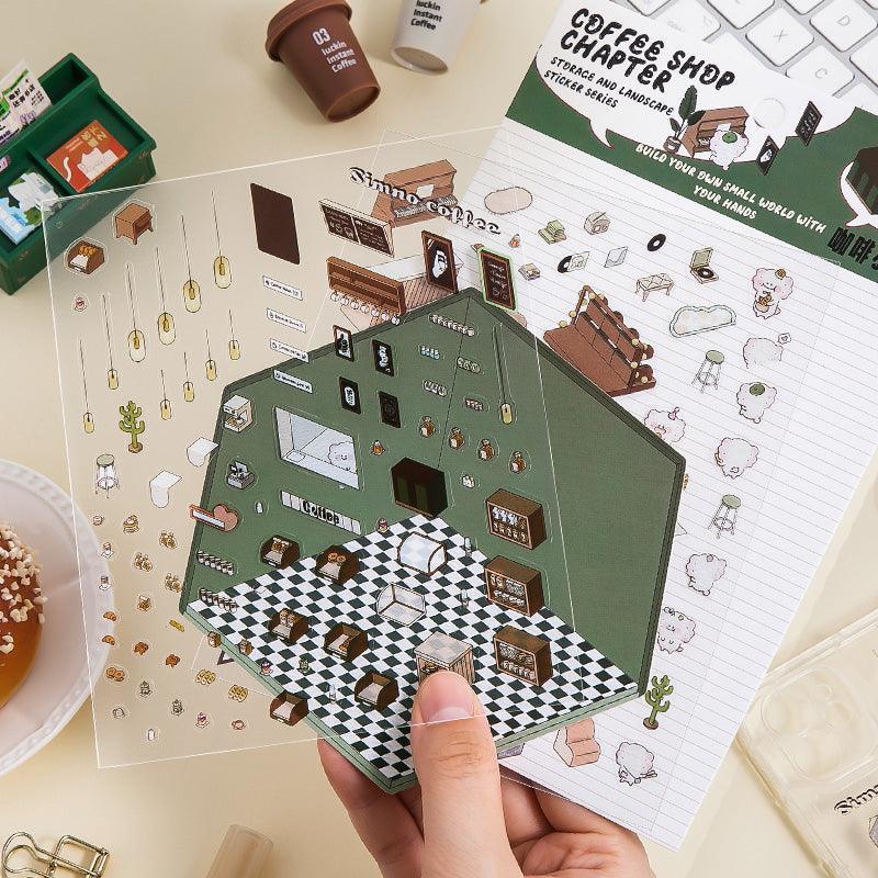 [Coffee Shop] Isometric Miniature Scene Stickers - Cozy Sticker Room