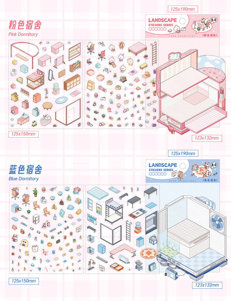 [Pink Dormitory] Isometric Miniature Scene Stickers - Cozy Sticker Room