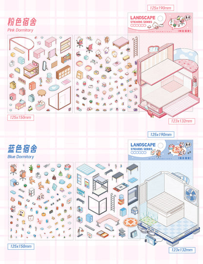 [Pink Dormitory] Isometric Miniature Scene Stickers - Cozy Sticker Room