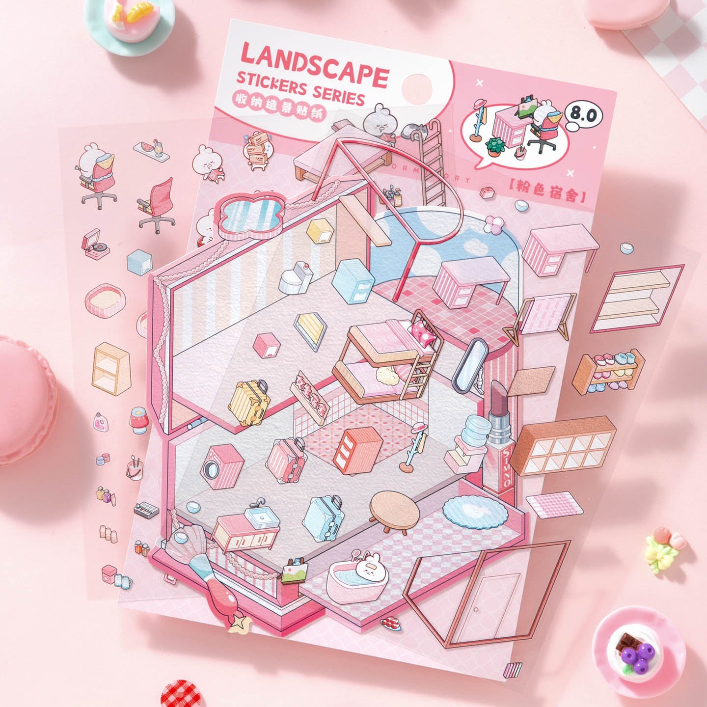 [Pink Dormitory] Isometric Miniature Scene Stickers - Cozy Sticker Room