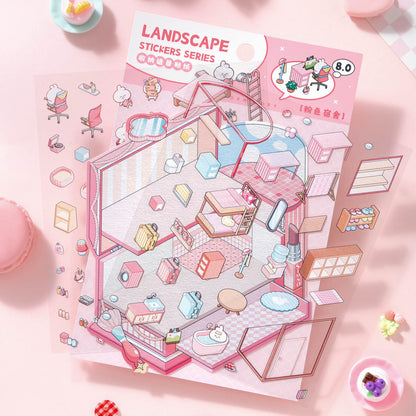 [Pink Dormitory] Isometric Miniature Scene Stickers - Cozy Sticker Room