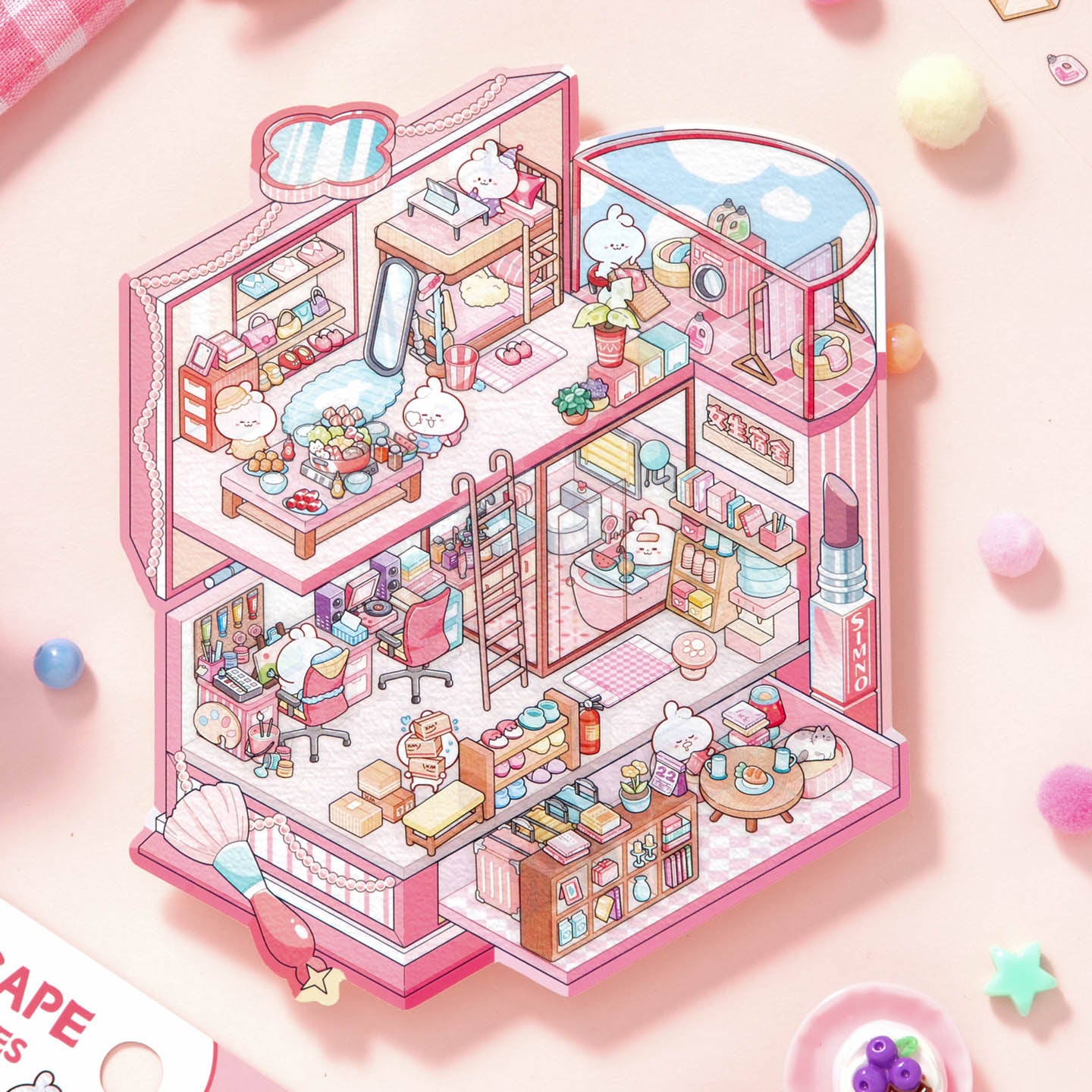 [Pink Dormitory] Isometric Miniature Scene Stickers - Cozy Sticker Room