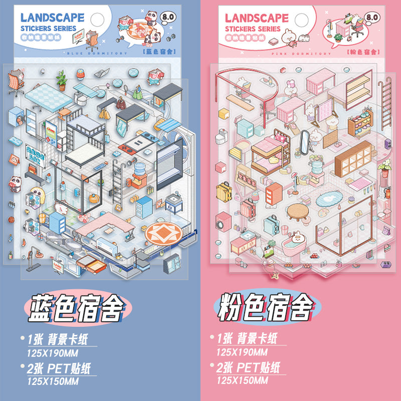 [Pink Dormitory] Isometric Miniature Scene Stickers - Cozy Sticker Room