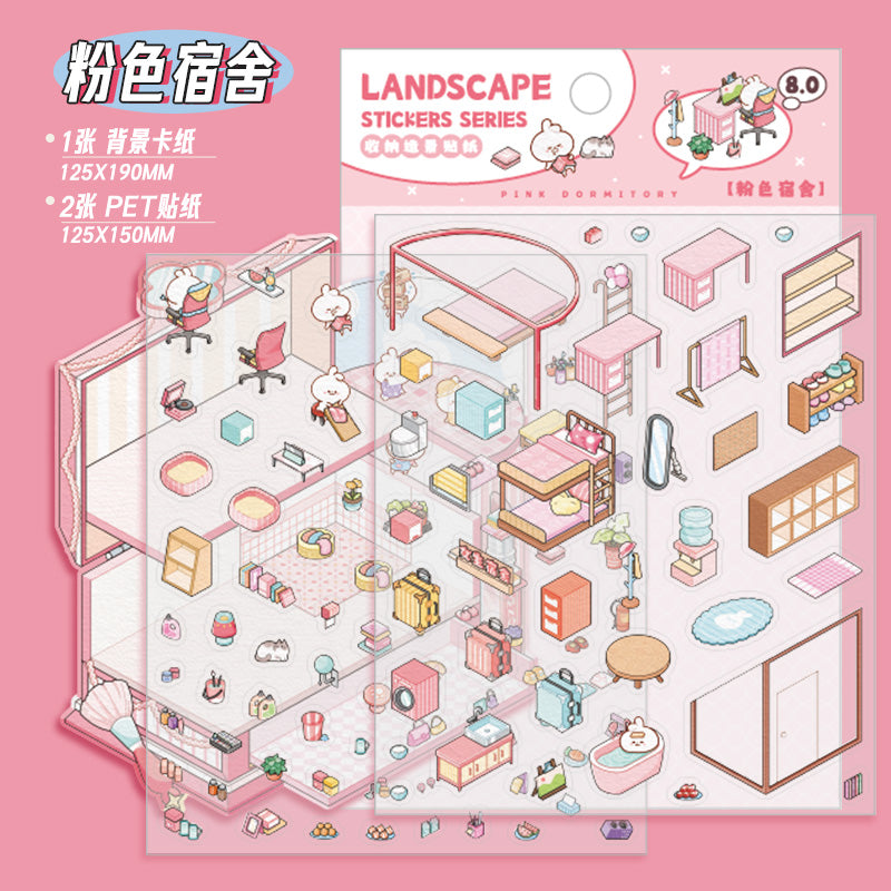 [Pink Dormitory] Isometric Miniature Scene Stickers - Cozy Sticker Room