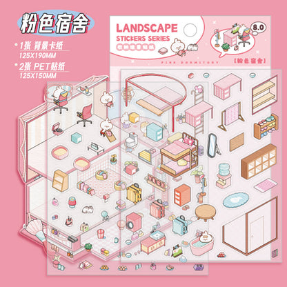 [Pink Dormitory] Isometric Miniature Scene Stickers - Cozy Sticker Room