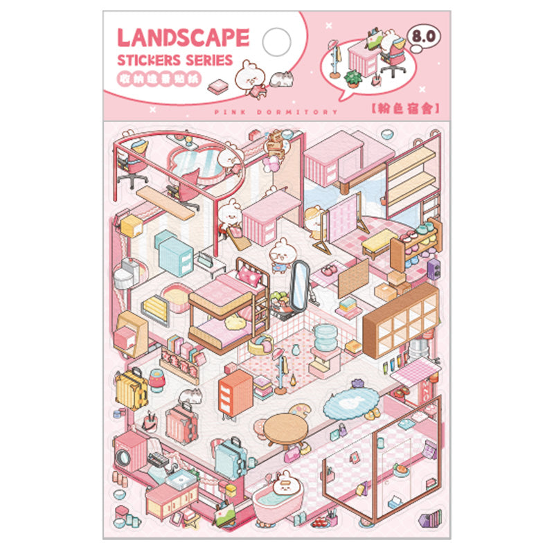 [Pink Dormitory] Isometric Miniature Scene Stickers - Cozy Sticker Room