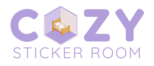 Cozy Sticker Room logo with isometric scene sticker of cute character sleeping in bed